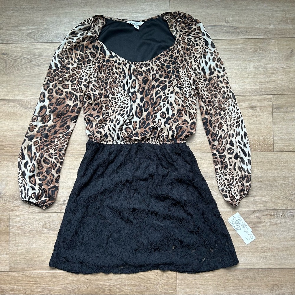 NEW Leopard Print Black Lace Dress Womens L Elastic Waist Long Sleeve Mini Party